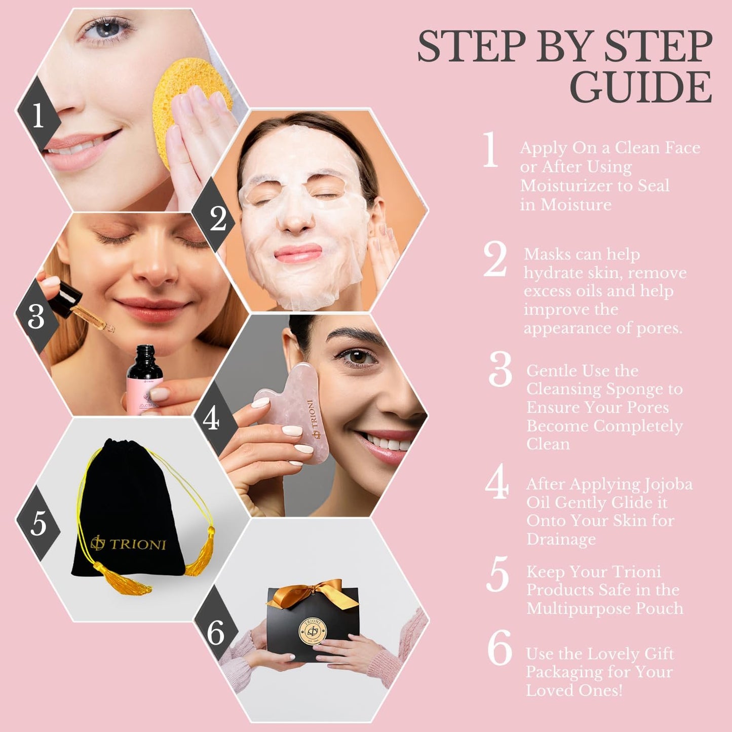 TRIONI Deluxe Gua Sha Oil for Face Skincare Gift Set with Mask